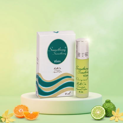 Viva Something Something roll-on perfume with packaging on a green background